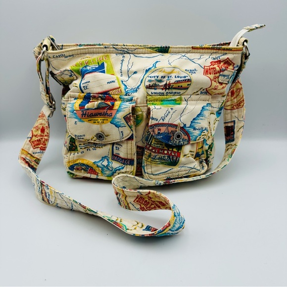 Fossil Crossbody St Moritz Graphic Traveler Maps Tickets Canvas Colors Preowned - Picture 1 of 12